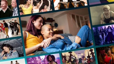 Collage of movies and shows that celebrate Pride around a central image of two women laying together on the couch watching TV.