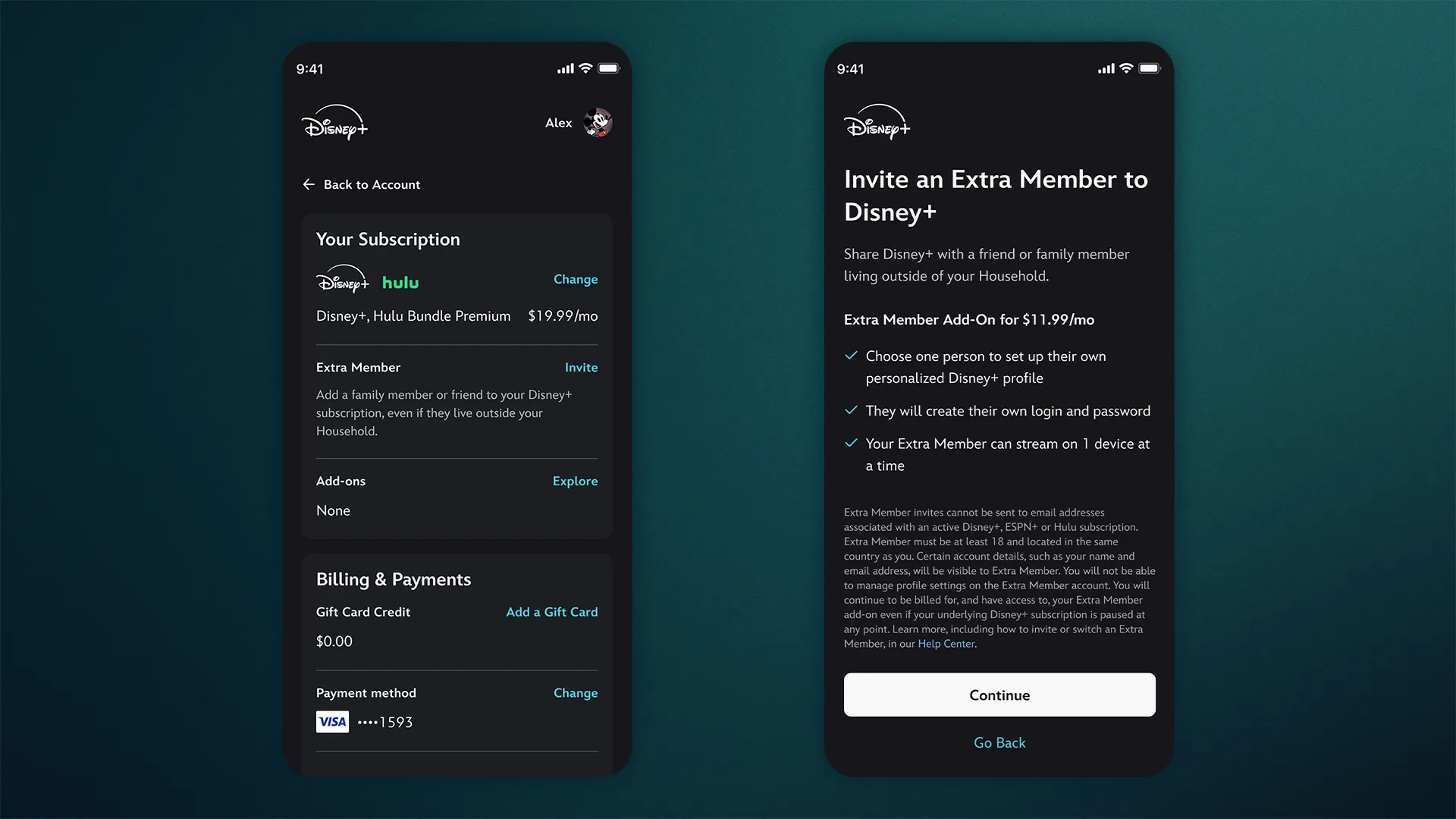 Mobile screens showcasing how to add an Extra Member on Disney+.