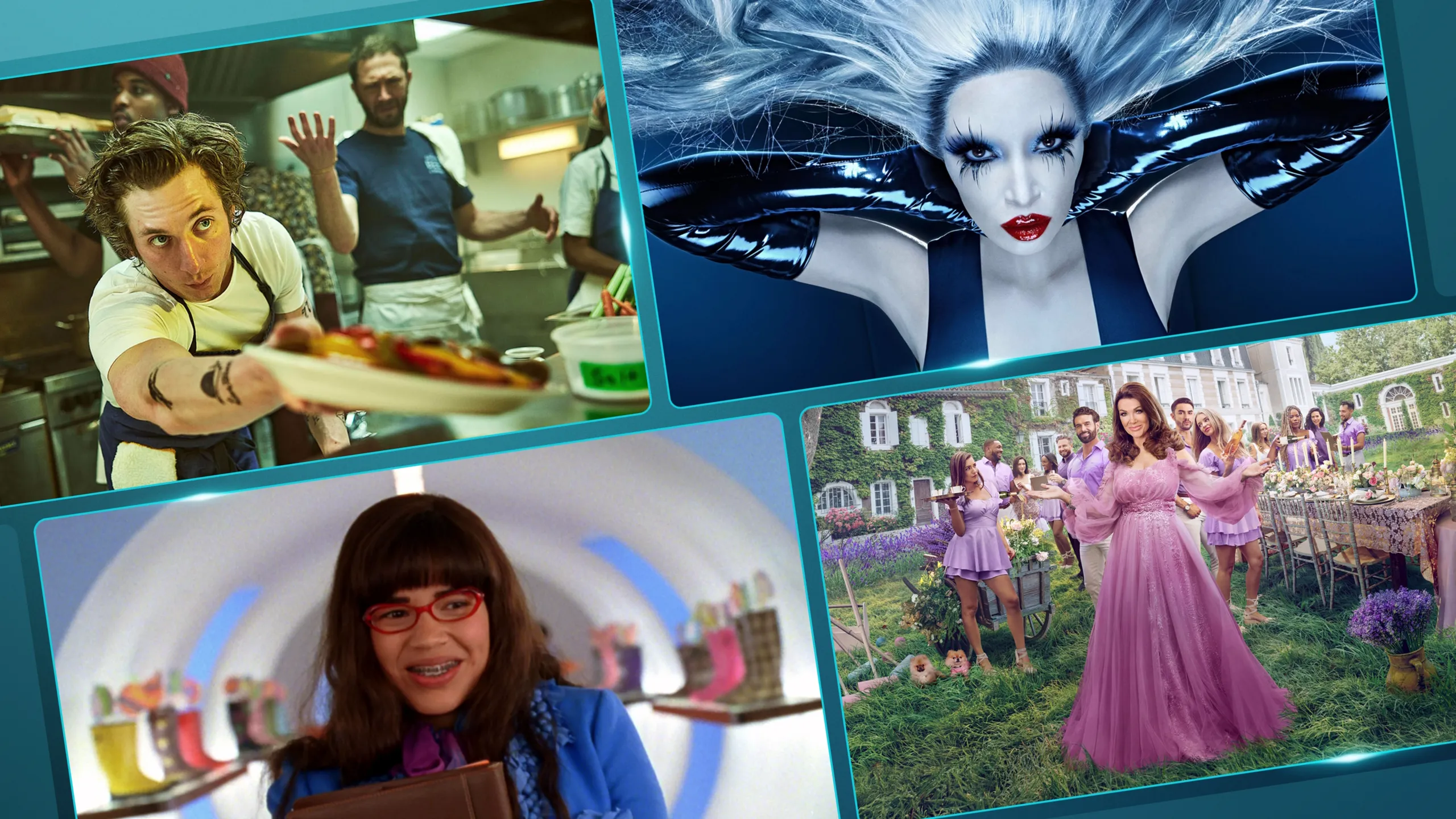 A collage of four images from FX's The Bear, FX's American Horror Story, Ugly Betty and Vanderpump Villa