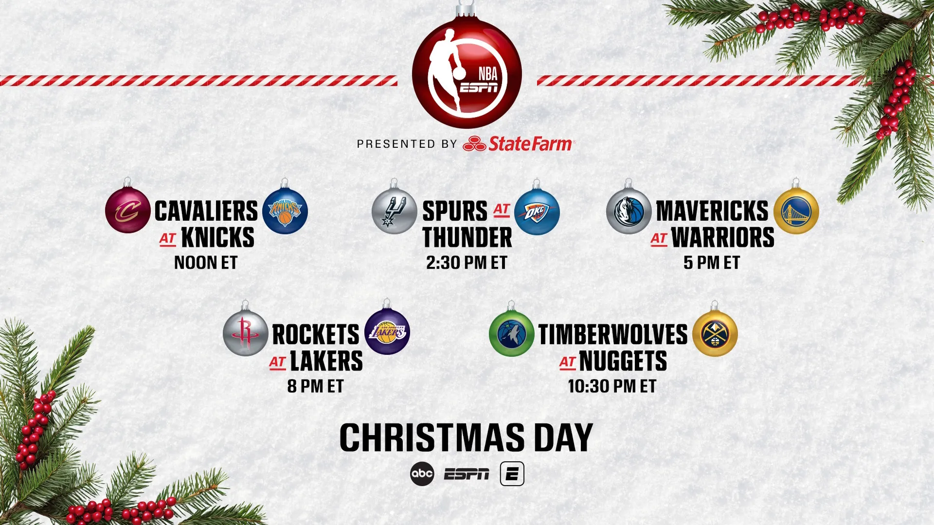 The official 2025 NBA Christmas Day game schedule, featuring five marquee matchups: Cavaliers at Knicks (12:00 PM ET / 9:00 AM PT) Spurs at Thunder (2:30 PM ET / 11:30 AM PT) Mavericks at Warriors (5:00 PM ET / 2:00 PM PT) Rockets at Lakers (8:00 PM ET / 5:00 PM PT,) Timberwolves at Nuggets (10:30 PM ET / 7:30 PM PT.) All games will be nationally televised on ABC and ESPN