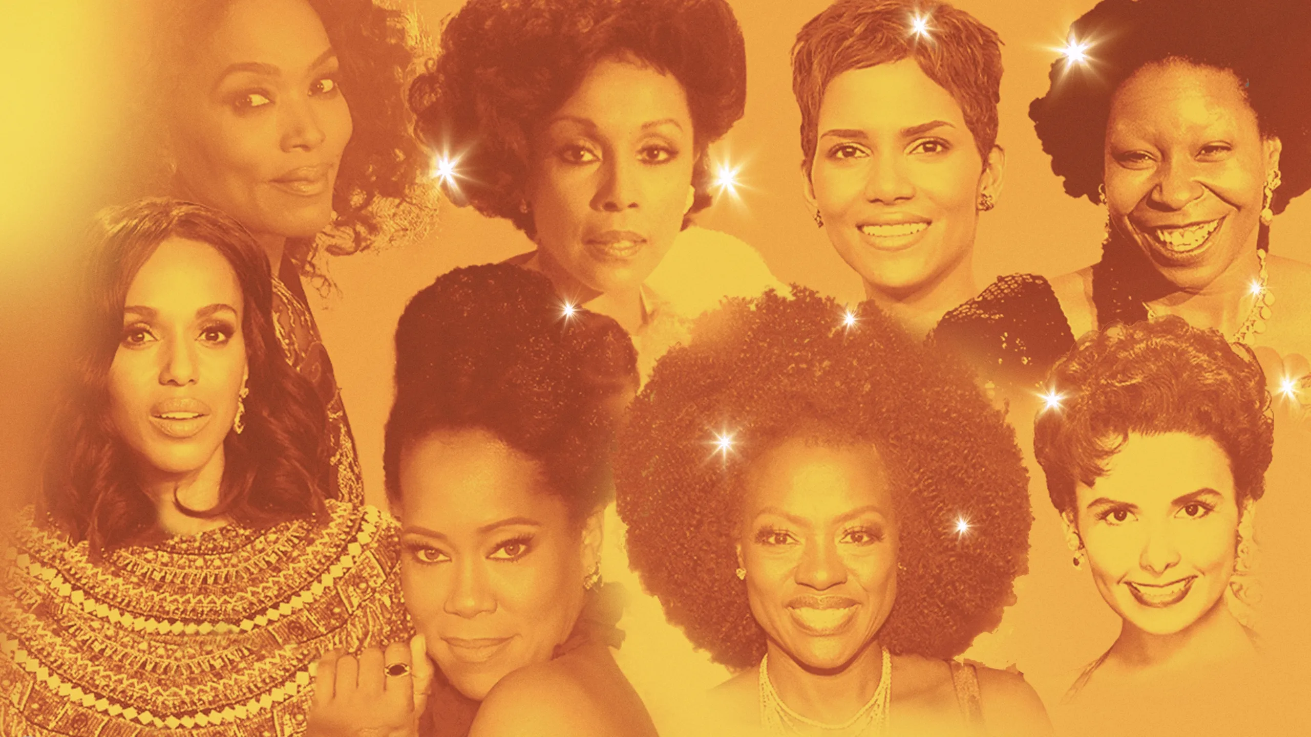 A collage of famous Black actresses, including Kerry Washington, Viola Davis, Halle Berry, Whoopi Goldberg, and more