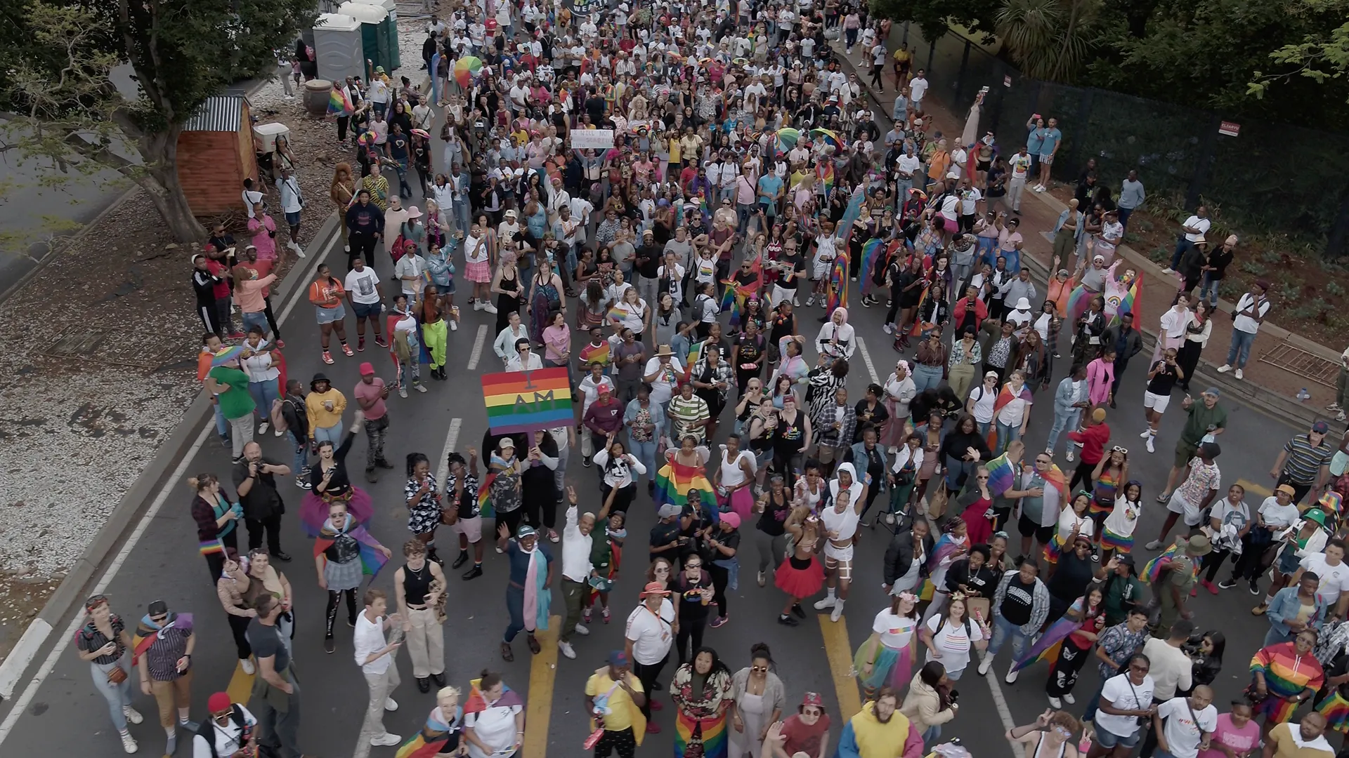 Overhead shot of a Pride parade.