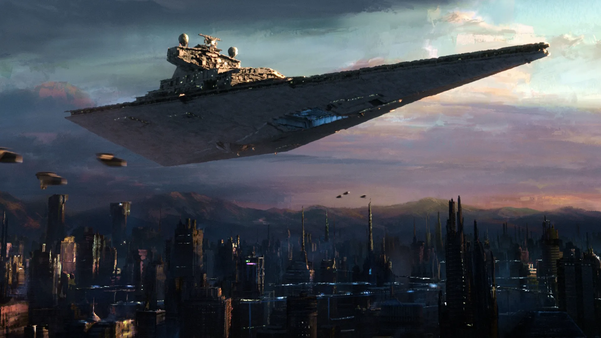 A Star Destroyer hovers over a city.