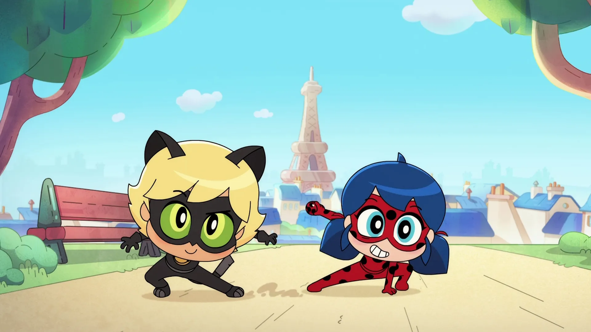 Scene from Miraculous: Tales of Ladybug and Cat Noir Chibi: Shorts featuring Chibi forms of Ladybug and Cat Noir.