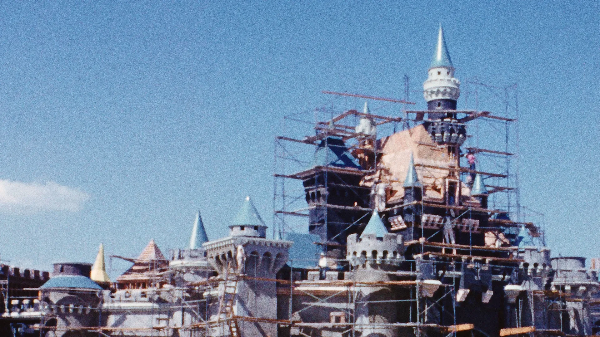 Sleeping Beauty Castle at Disneyland (Anaheim, California) surrounded by scaffolding during its original construction in 1954–1955 before opening day on July 17, 1955