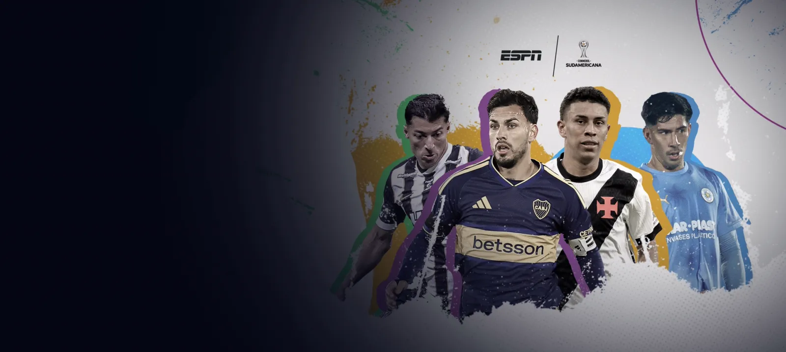 Gráfico promocional de ESPN y la CONMEBOL Libertadores con cuatro futbolistas y el trofeo de la Libertadores en un estadio.  Provide your feedback on BizChat