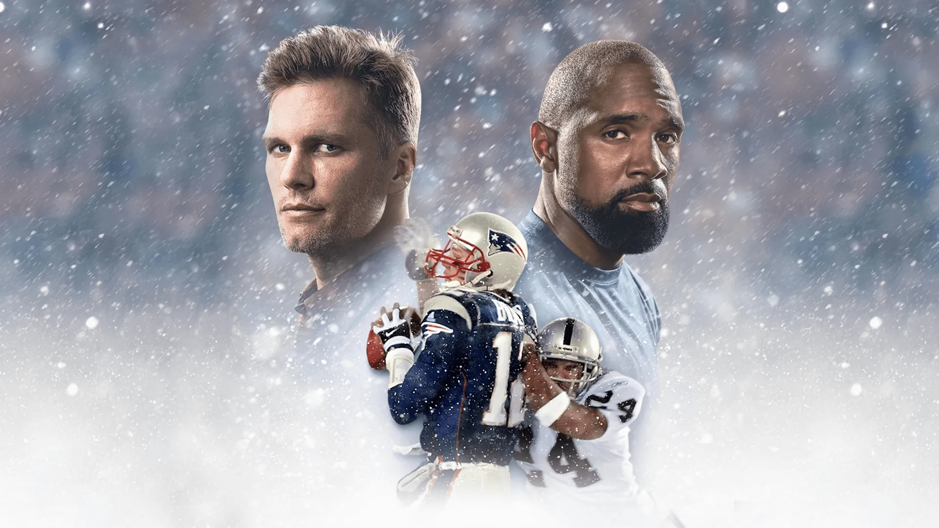A promotional image for the ESPN 30 for 30 sports documentary The Tuck Rule featuring Tom Brady and Charles Woodson cast against a snowy backdrop.