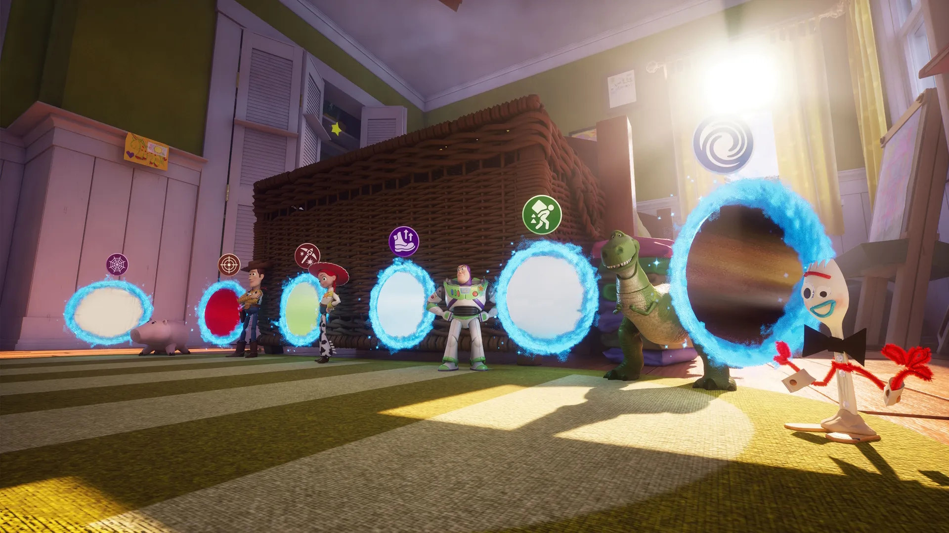 Toy Story characters next to some Fortnite portals.