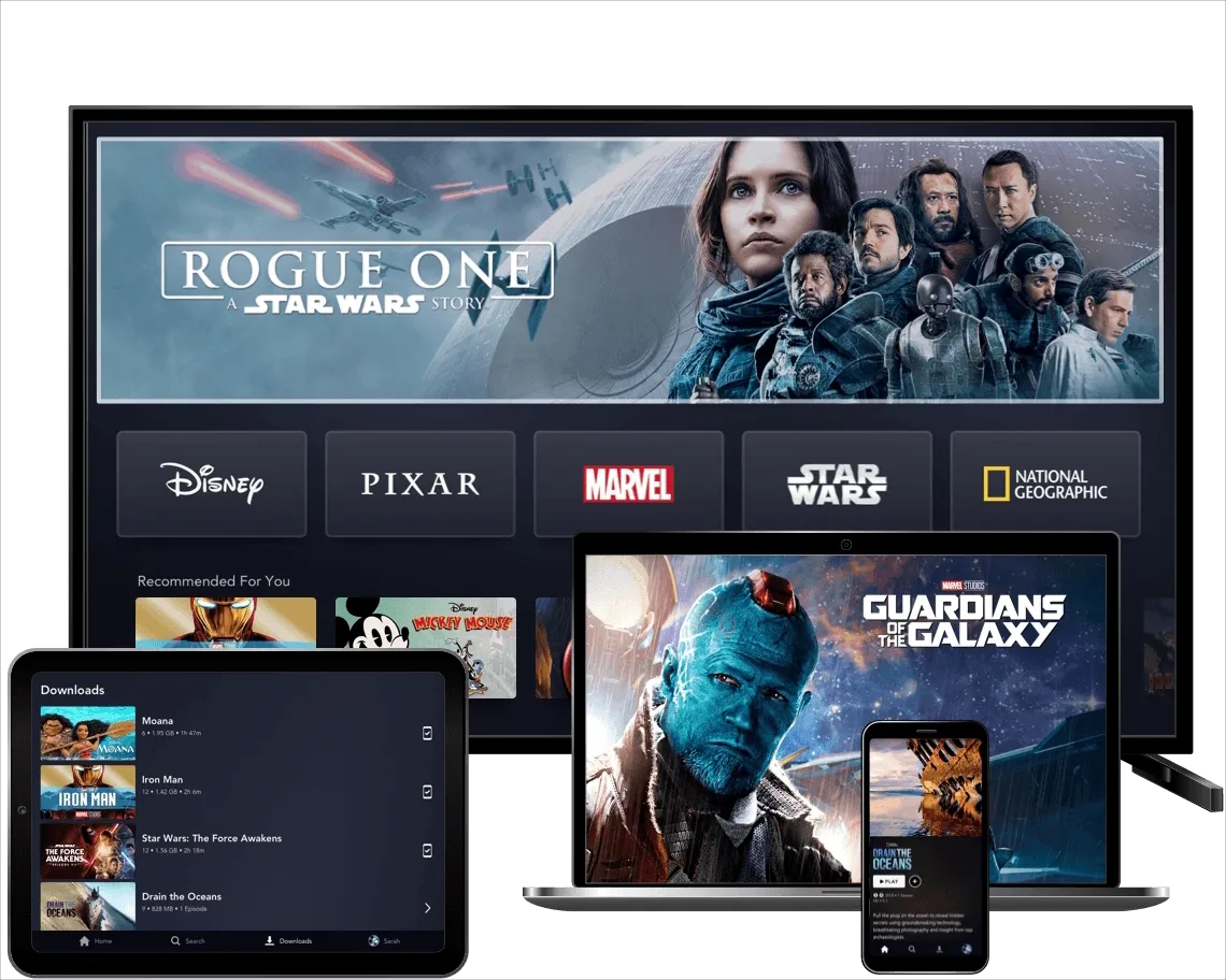 The Disney+ product UI shown on a TV, laptop, tablet, and mobile device