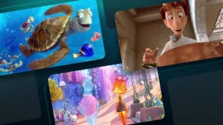 A collage of images from Disney and Pixar's Finding Nemo, Ratatouille, and Elemental