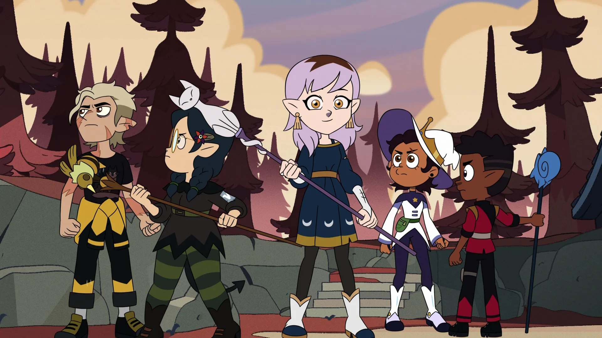 Amity Blight (center), Luz Noceda, Willow Park, Hunter, and Gus Porter from The Owl House.