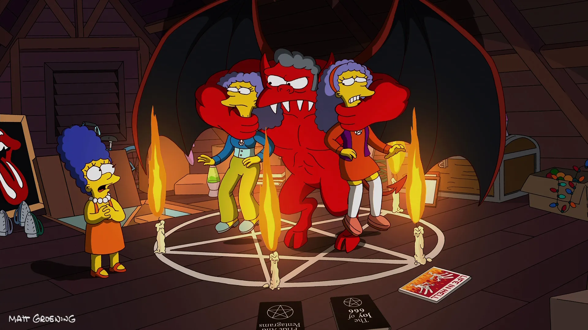 A horned, red, Moe-like demon with large bat wings stands inside a chalk pentagram in an attic, holding a captured Patty and Selma Bouvier while a worried young Marge Simpson watches from the side.