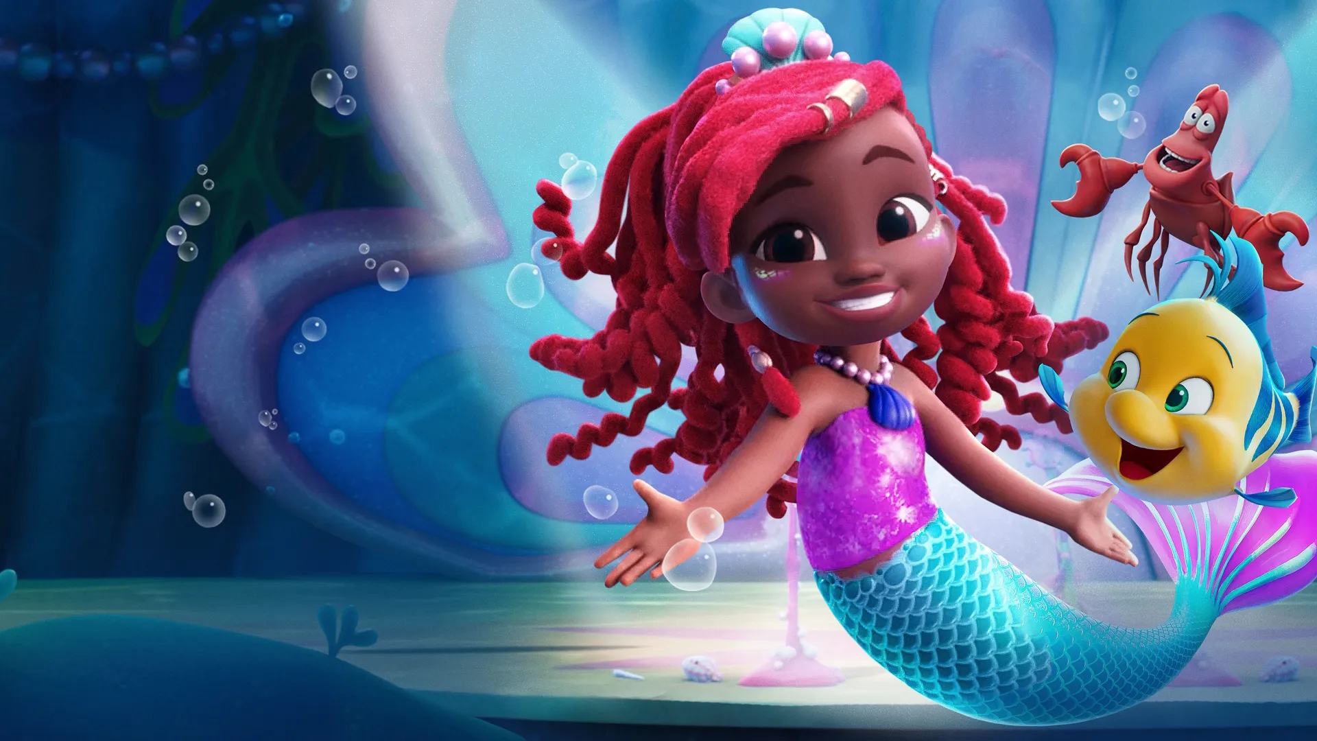 Promotional graphic for the Disney Junior animated series Disney Junior's Ariel, showing the young mermaid Ariel with red locks swimming happily alongside Flounder and Sebastian in an underwater kingdom.
