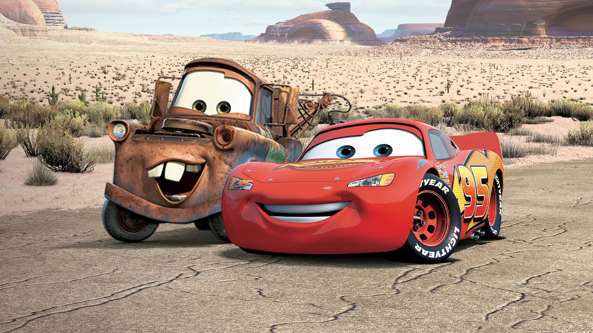 Lightning McQueen and his best friend Tow Mater in the Disney and Pixar film Cars