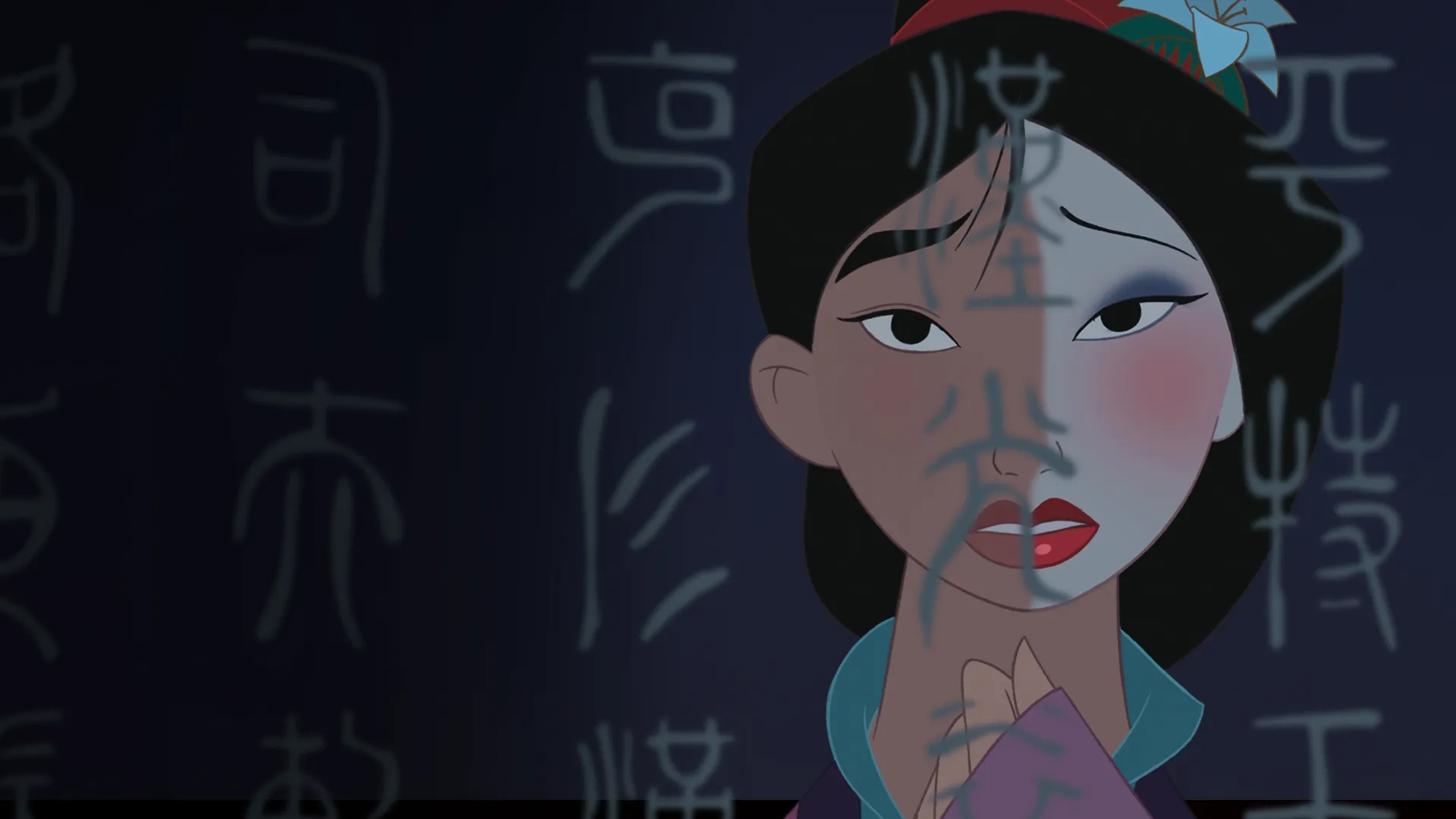 Mulan is shown with half her face painted with traditional makeup and the other half clean, symbolizing her struggle with her inner self and outward appearance