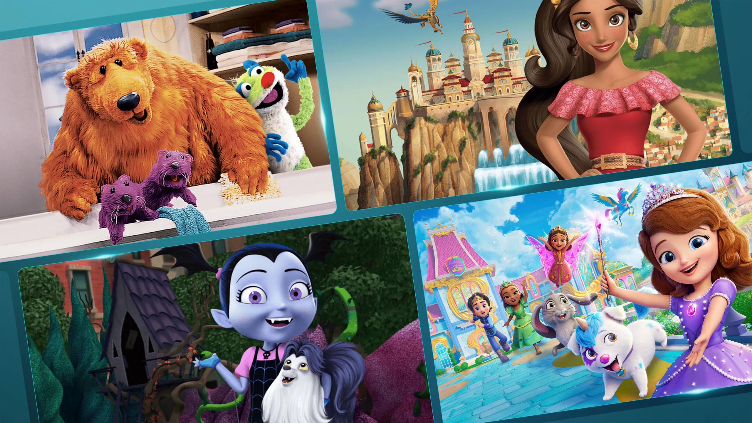 Collage of images showcasing Disney Junior shows Bear in the Big Blue House, Elena of Avalor, Vampirina and Sophie the First