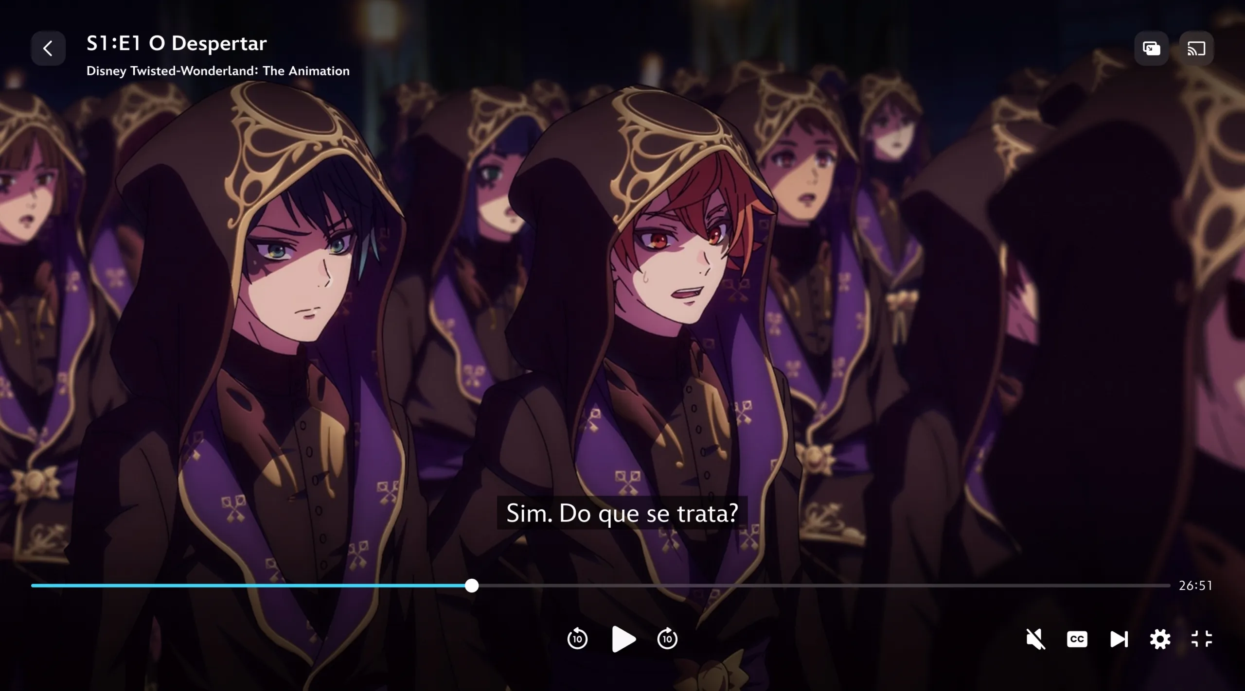 Uma cena de Disney Twisted-Wonderland: A Série com legendas em inglês.