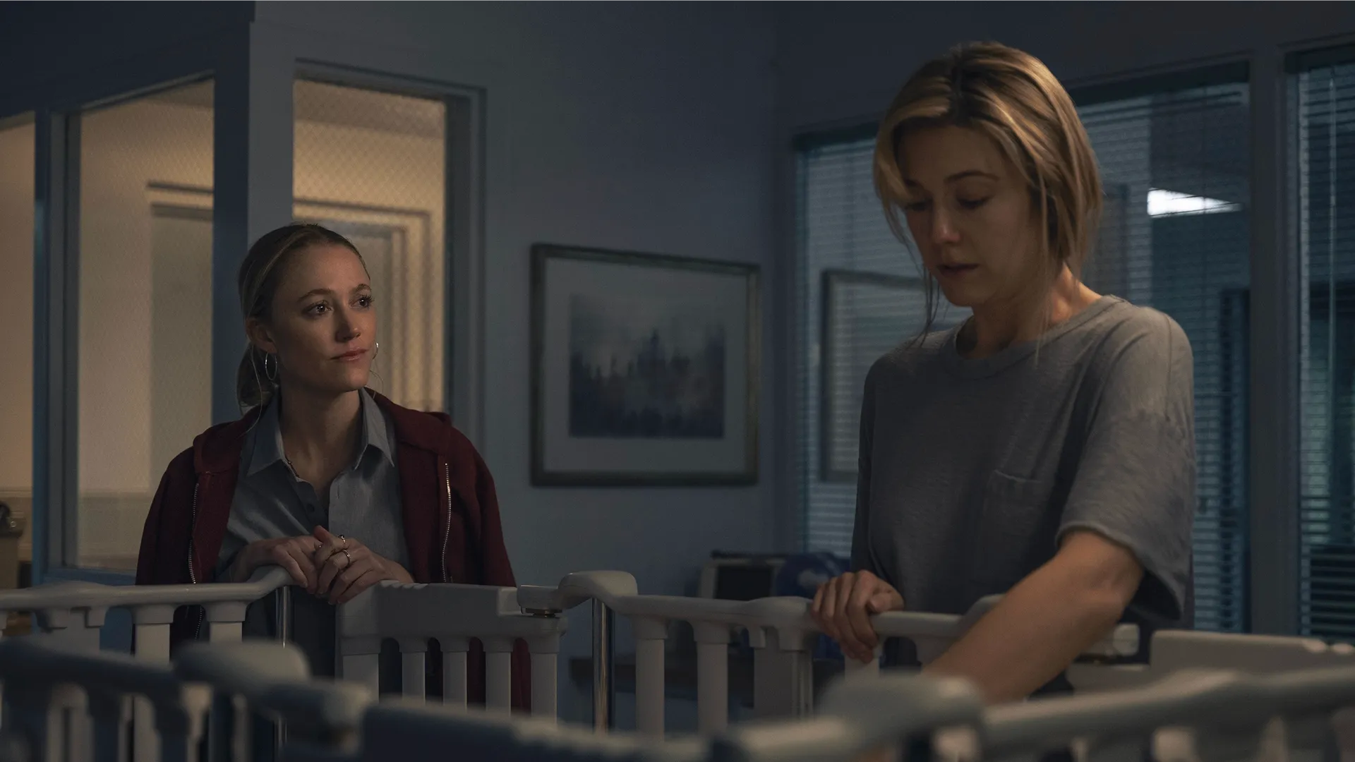 Maika Monroe and Mary Elizabeth Winstead in a scene from the 2025 psychological thriller remake The Hand That Rocks the Cradle.