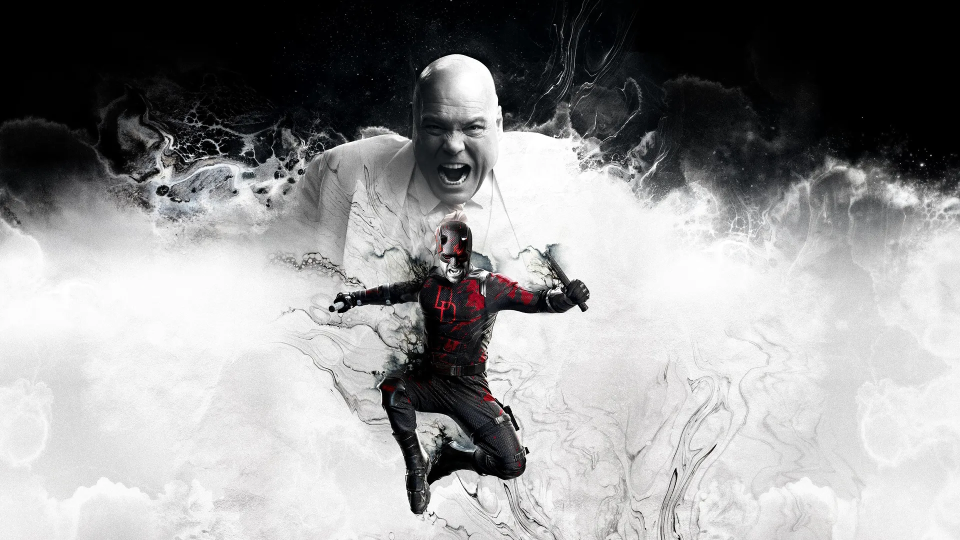 Key art for Daredevil: Born Again featuring Daredevil leaping forward as Wilson Fisk (The Kingpin) roars behind him. Season finale streaming May 5.