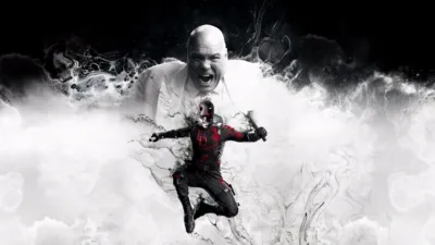 Key art for Daredevil: Born Again featuring Daredevil leaping forward as Wilson Fisk (The Kingpin) roars behind him. Season finale streaming May 5.