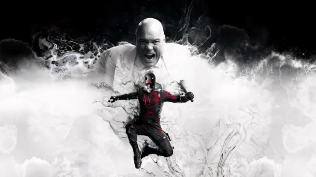 Key art for Daredevil: Born Again featuring Daredevil leaping forward as Wilson Fisk (The Kingpin) roars behind him. Season finale streaming May 5.
