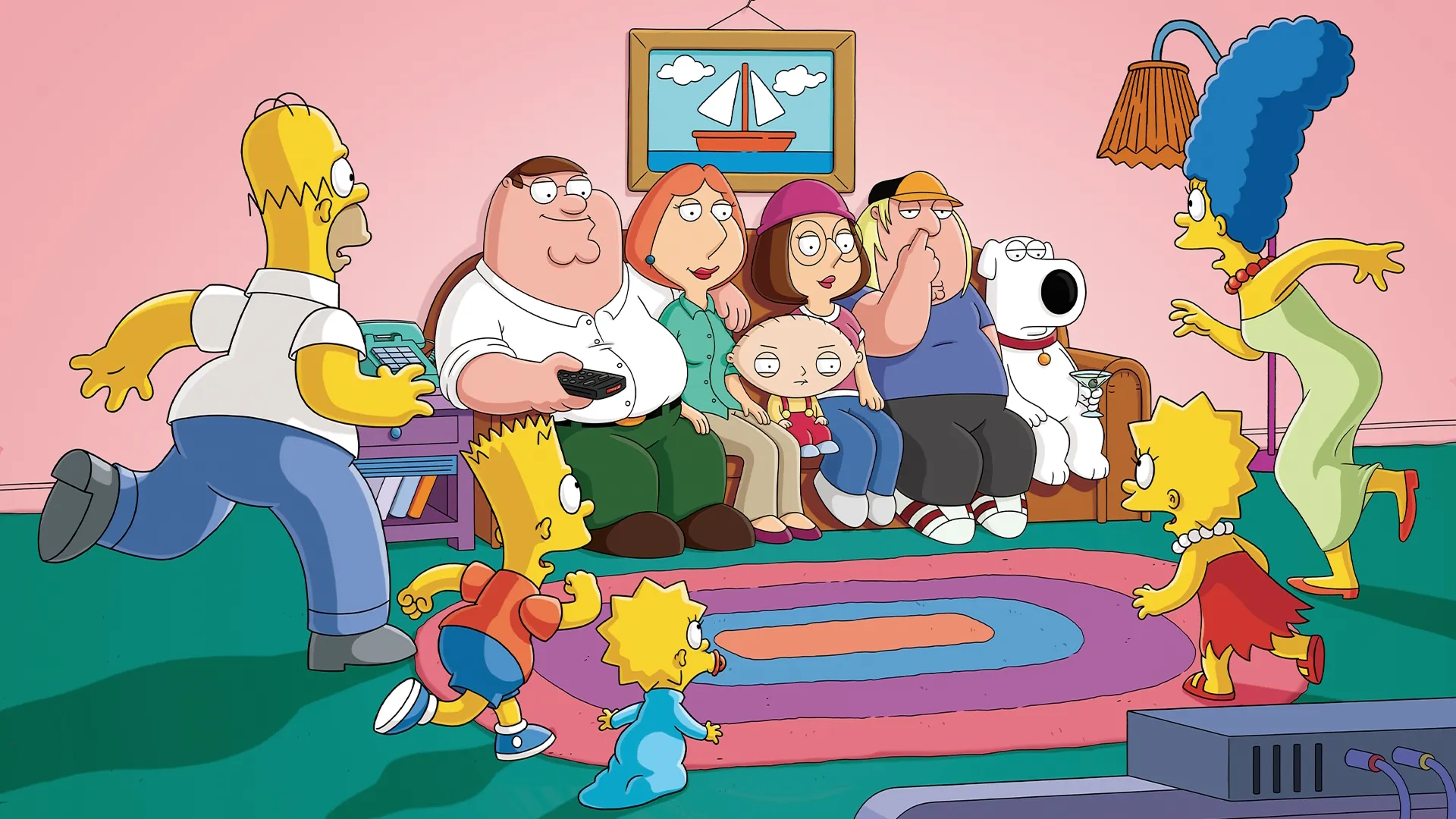 A família Griffin está sentada no sofá dos Simpsons, enquanto a família Simpson corre na direção deles