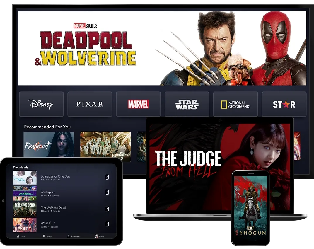 4 Devices showcasing the Disney+ product on TV, Mobile, Laptop, and Tablet