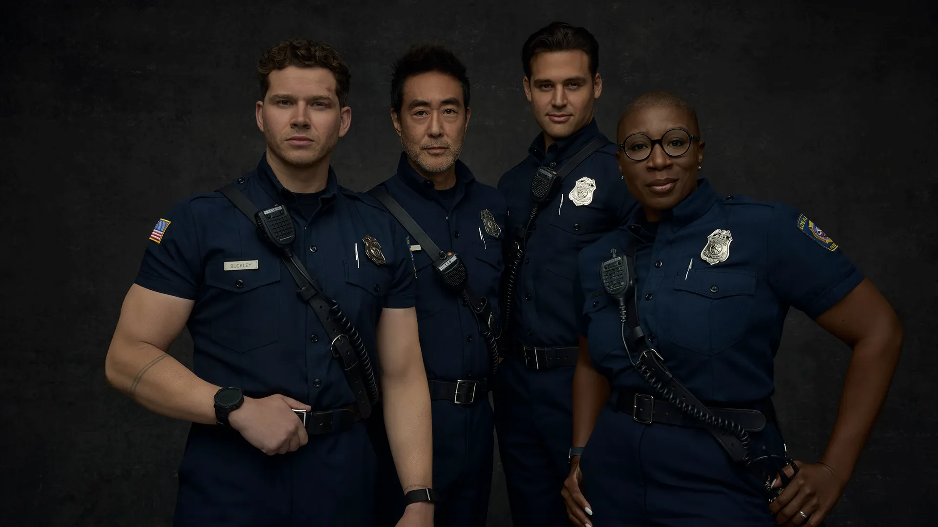 Members of the 118; Evan Buckley (Oliver Stark), Howard Han (Kenneth Choi), Eddie Diaz (Ryan Guzman) and Henrietta Wilson (Aisha Hinds).