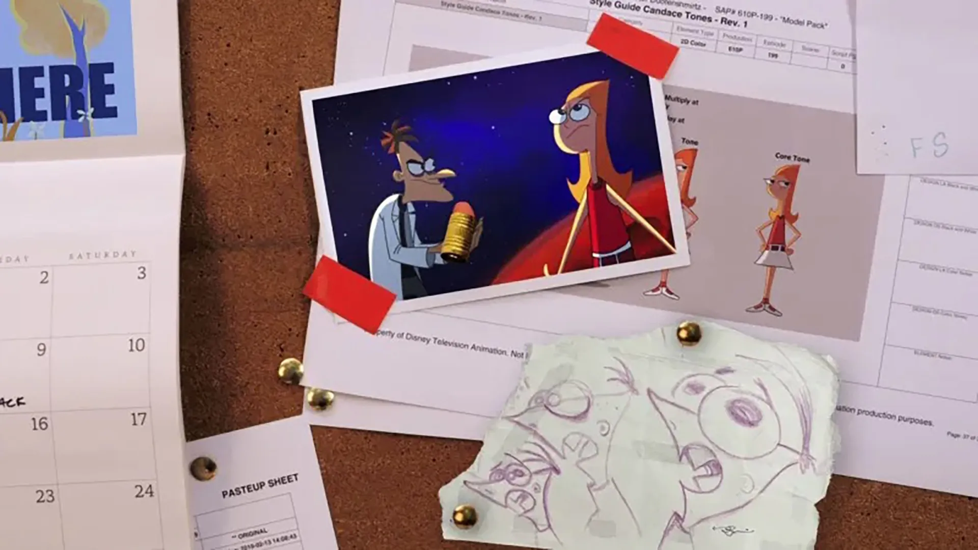 A bulletin board showing various drawings and concept art for Phineas and Ferb characters including an image with Candace and Dr. Doofenschmirtz.