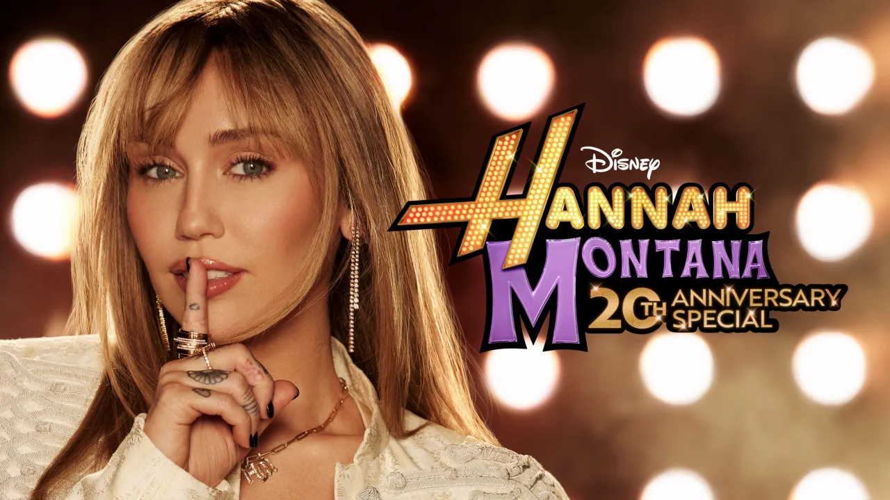 This image is a promotional poster for the upcoming "Hannah Montana" anniversary special featuring singer and actress Miley Cyrus. 