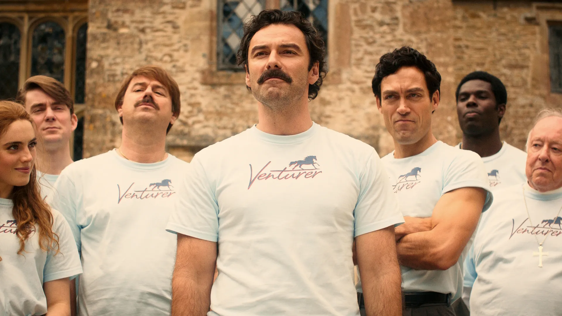 This image is from episode 7 of the 2024 television series Rivals, featuring actor Aidan Turner.