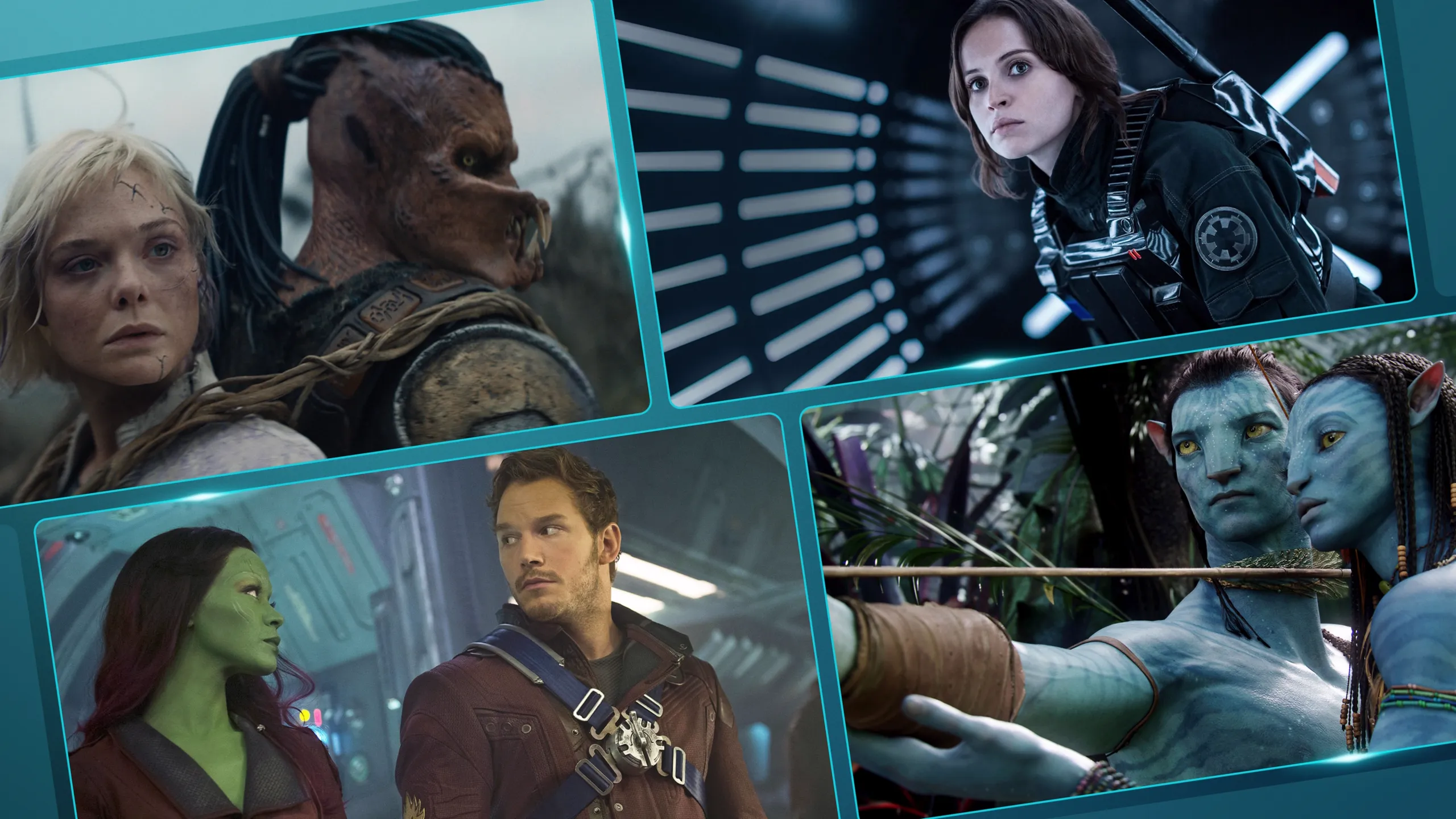 Promo grid showcasing Sci-Fi titles on Disney+ and Hulu on Disney+ including Predator: Badlands, Avatar, Guardians of the Galaxy, and Rogue One: A Star Wars Story