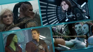 Promo grid showcasing Sci-Fi titles on Disney+ and Hulu on Disney+ including Predator: Badlands, Avatar, Guardians of the Galaxy, and Rogue One: A Star Wars Story