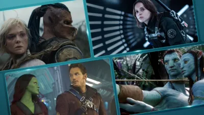 Promo grid showcasing Sci-Fi titles on Disney+ and Hulu on Disney+ including Predator: Badlands, Avatar, Guardians of the Galaxy, and Rogue One: A Star Wars Story