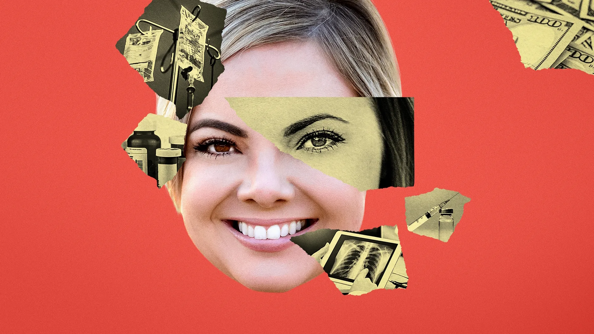 A collage-style portrait of Amanda Riley on a red background