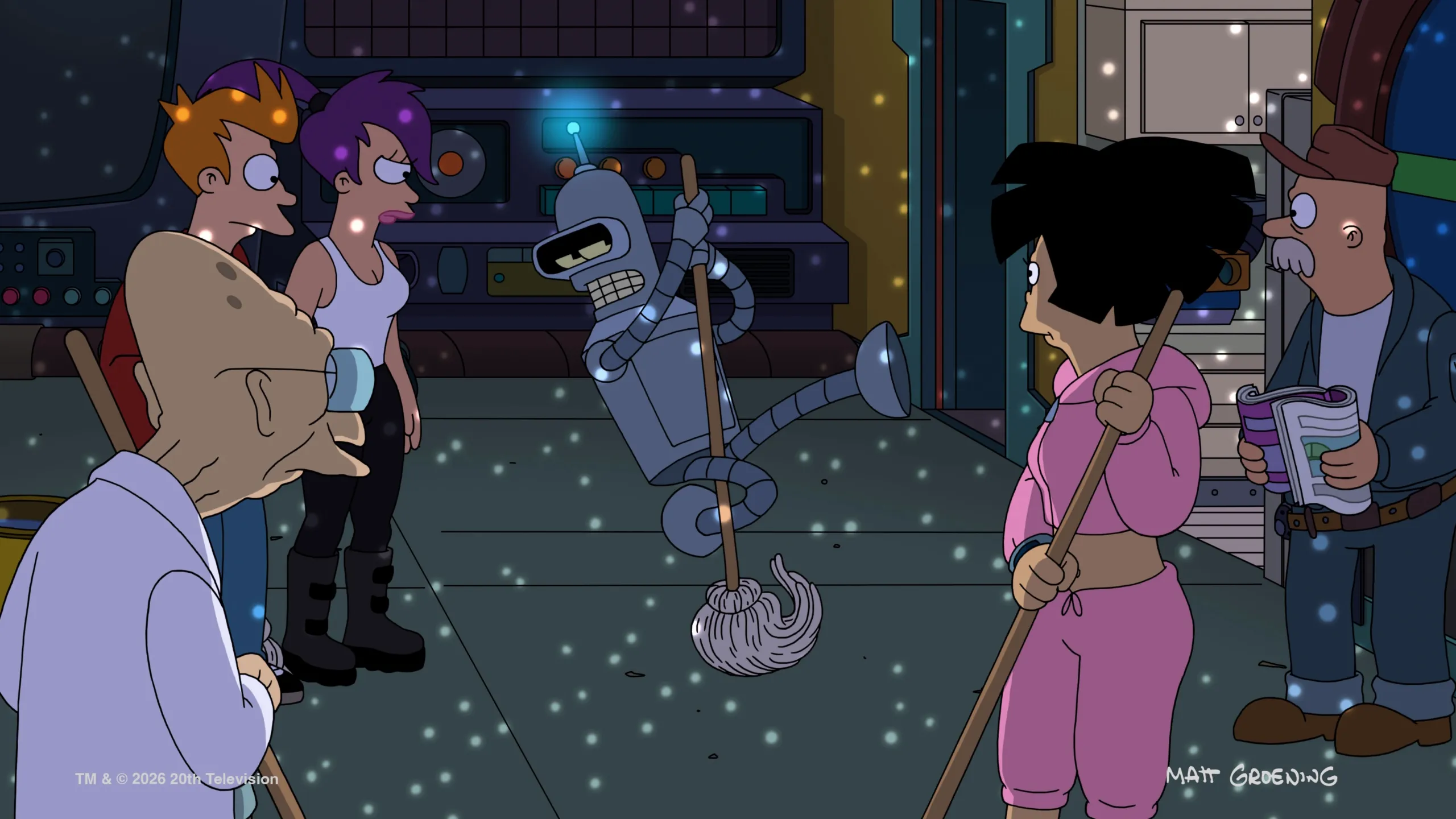 Bender dances with a mop while Fry, Leela, Amy and the professor look on