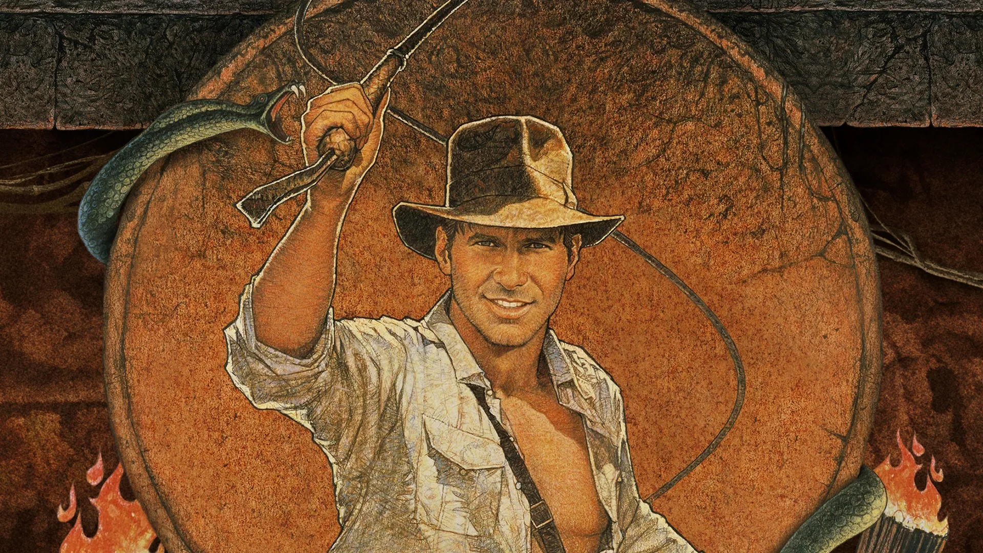 Illustrated image depicting Indiana Jones (Harrison Ford) with his iconic bullwhip and fedora for Raiders of the Lost Ark.