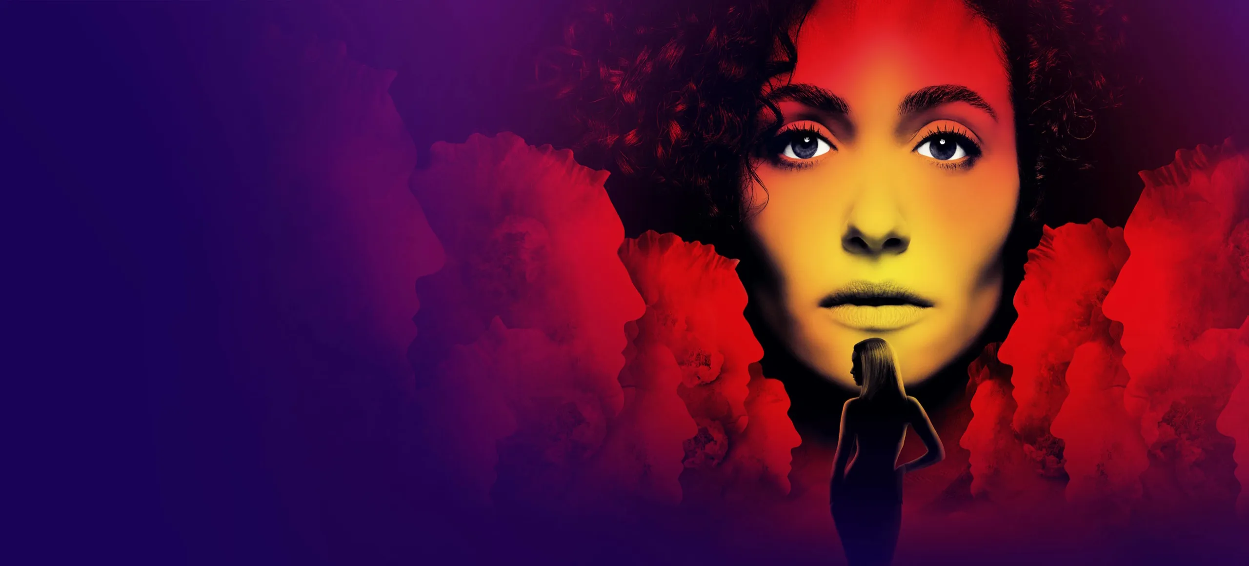 Key art for Furious, featuring a large illuminated face surrounded by multiple silhouetted profiles and a lone figure standing below against a vibrant red and purple backdrop.
