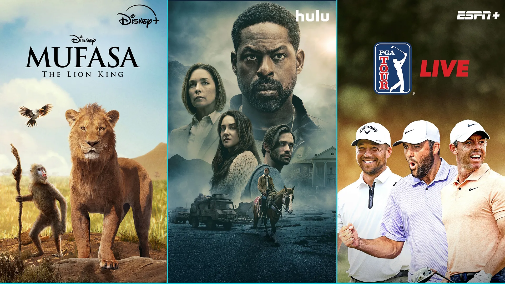 Promotional image showcasing titles that are available with the Disney+, Hulu, ESPN bundle including Mufasa: The Lion King from Disney+, Paradise from Hulu, and PGA Tour from ESPN.