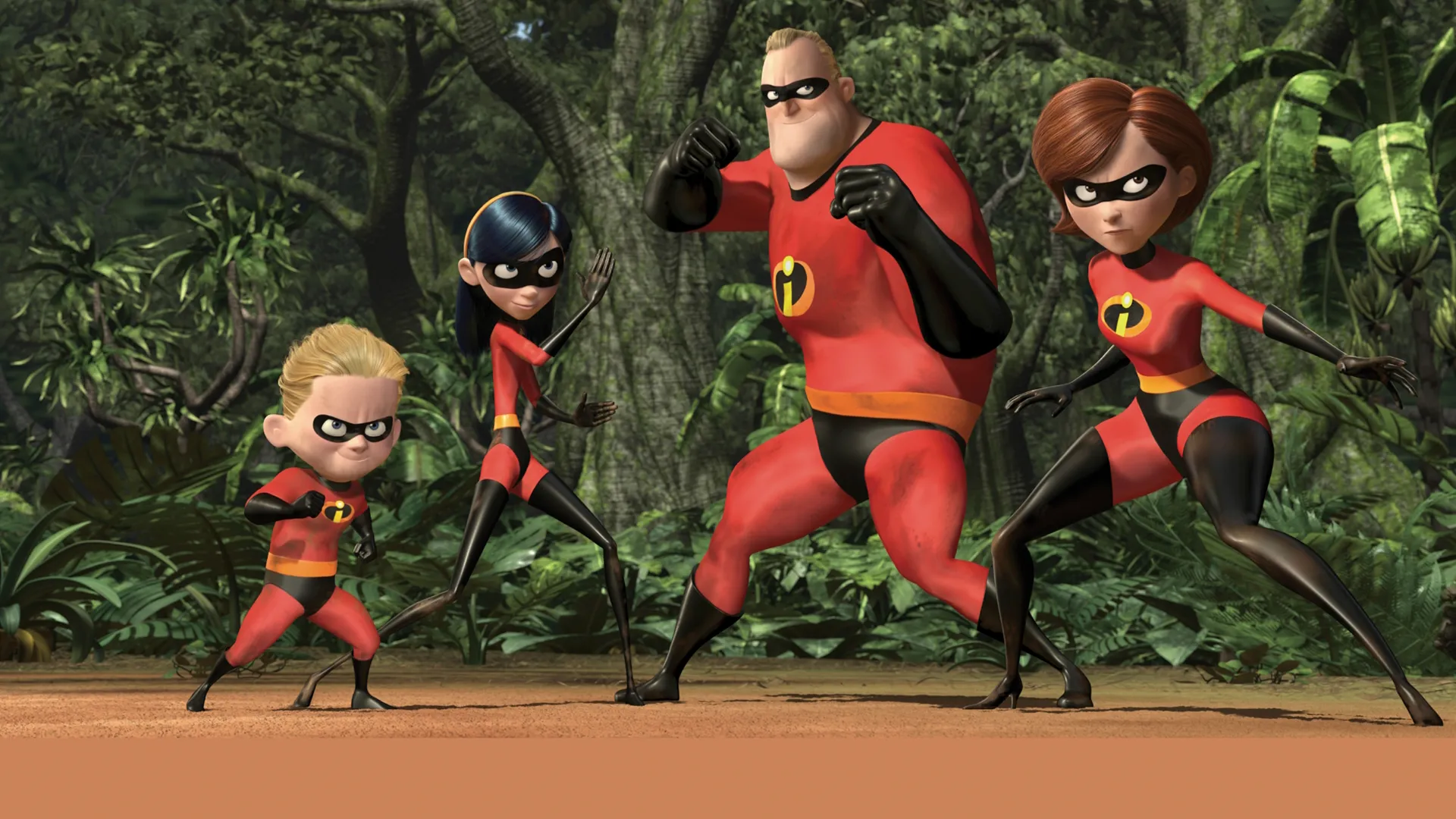 The photo shows (from left to right) Dash, Violet, Mr. Incredible (Bob), and Elastigirl (Helen) in a scene from the animated film The Incredibles. 