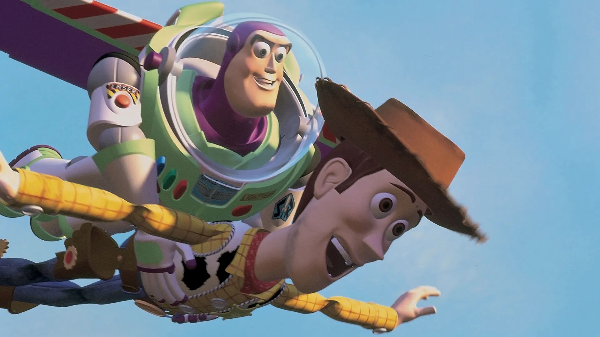Buzz Lightyear carrying Woody as they fly