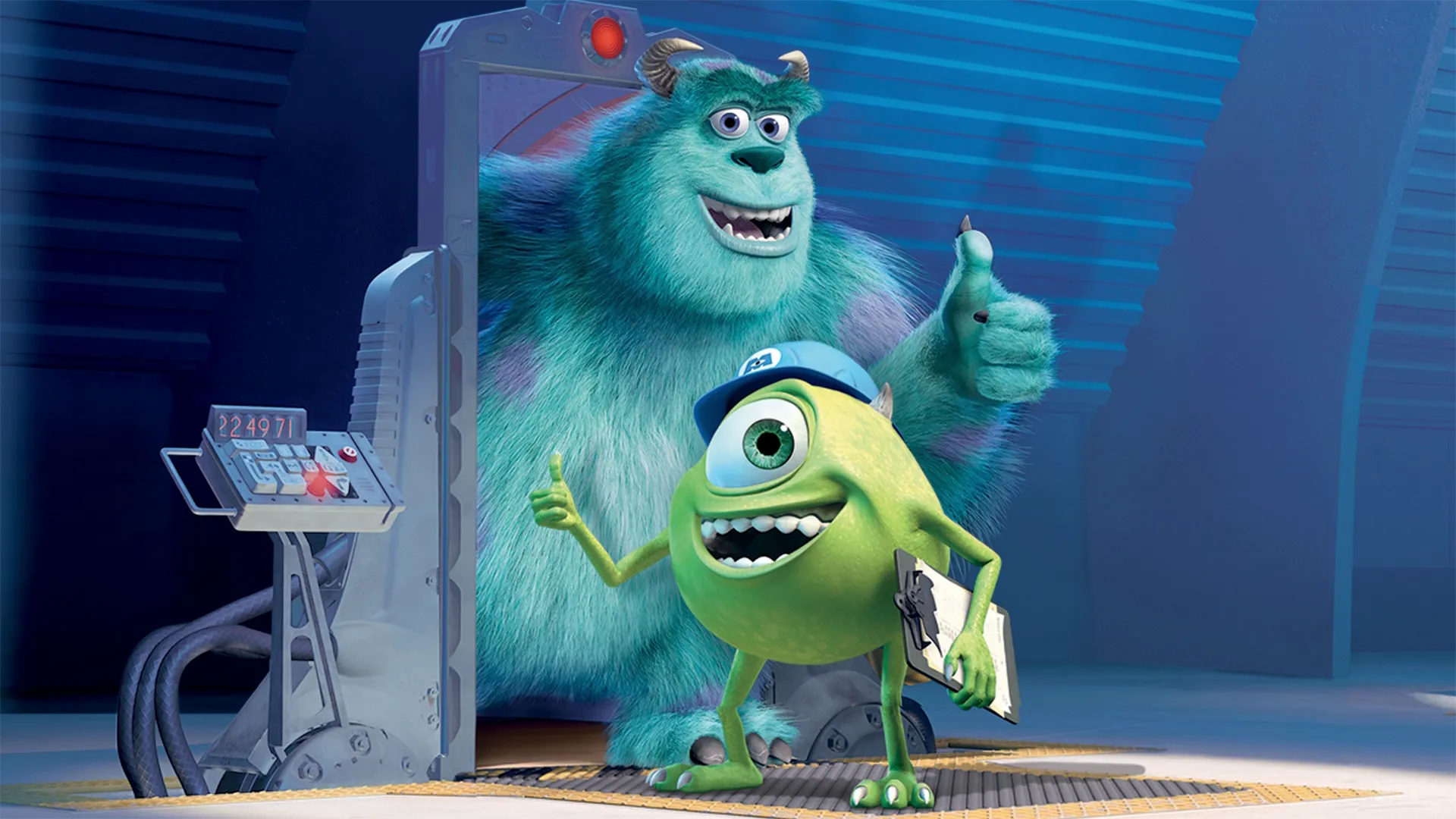 A promotional still from Pixar's Monsters, Inc. shows Sulley, a large, furry blue monster with purple spots, peering through an open closet door station while Mike Wazowski, a small, one-eyed green monster wearing a blue hard hat, stands in front holding a clipboard, both smiling and giving a thumbs-up.