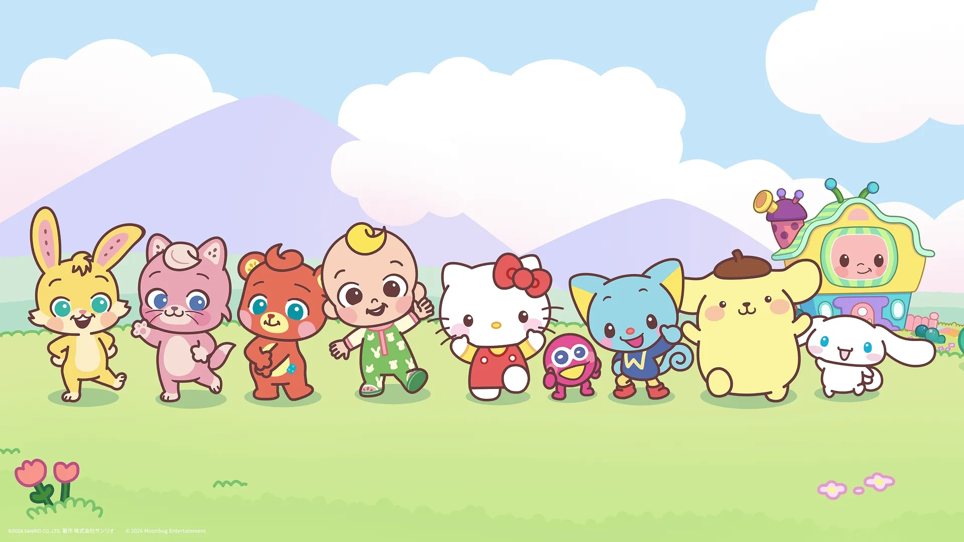 This image features a crossover titled CoComelon Playdates with Sanrio Friends. It showcases character lineups from both universes, including JJ alongside Hello Kitty, Pompompurin, and Cinnamoroll.