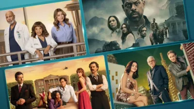 Promotional collage showcasing Grey’s Anatomy, Paradise, Rivals and Only Murders in the Building, with ensemble casts from each series displayed in separate panels on a Disney+ themed background.