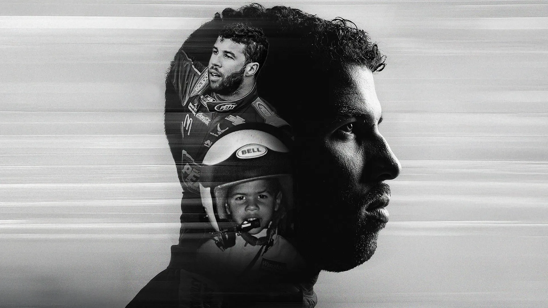 This black and white image features a double exposure portrait of NASCAR driver Bubba Wallace, prominently displaying his profile alongside a smaller image of him as a child in a helmet.