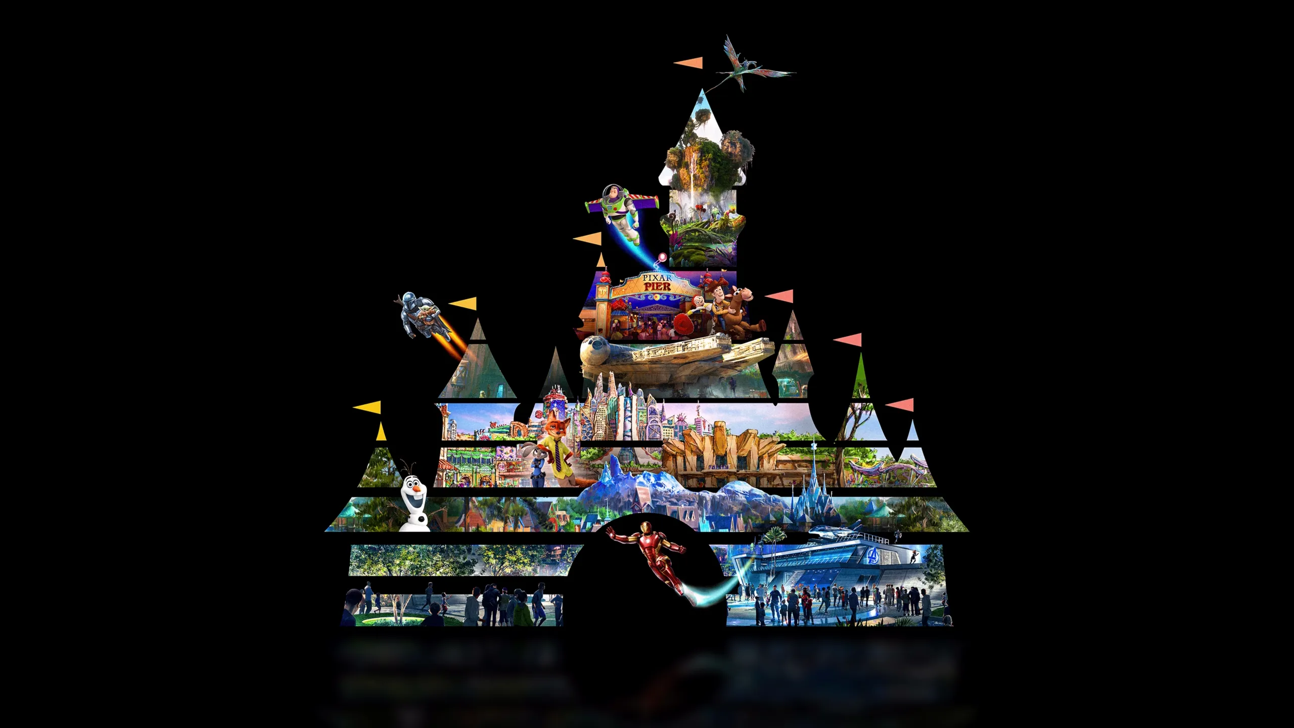 Arte principal para o Disney Worldbuilders, apresentando o icônico logotipo do castelo da Walt Disney Pictures com várias atrações da Disneyland exibidas no contorno do castelo.