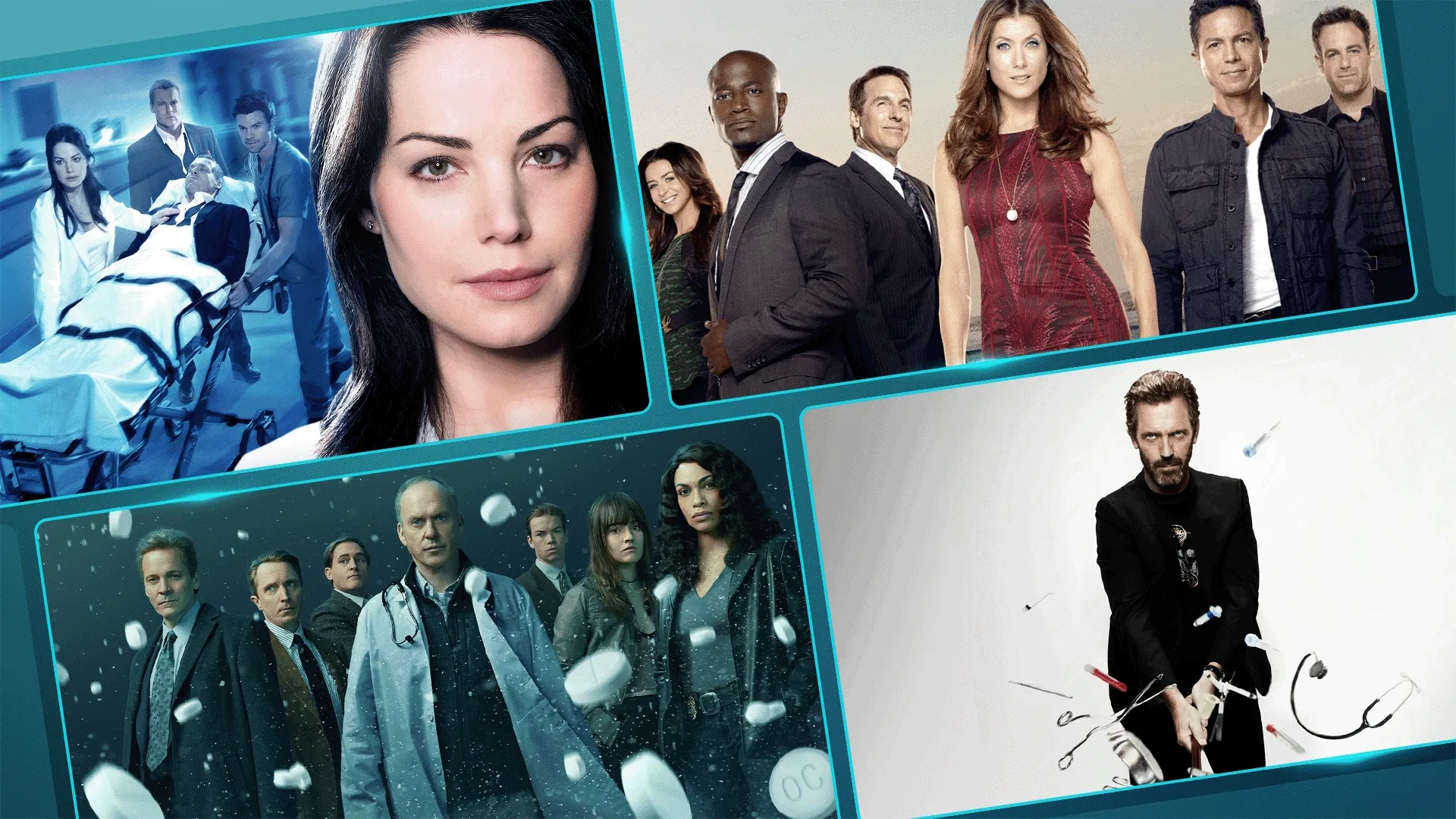 A collage of four promotional posters for different medical drama television shows features various ensembles of actors in clinical settings, including doctors in lab coats and medical staff attending to a patient on a gurney.