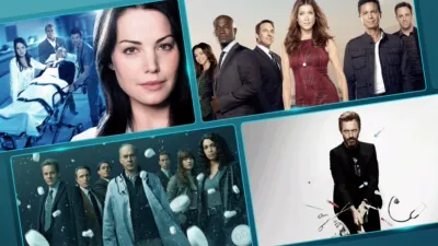A collage of four promotional posters for different medical drama television shows features various ensembles of actors in clinical settings, including doctors in lab coats and medical staff attending to a patient on a gurney.
