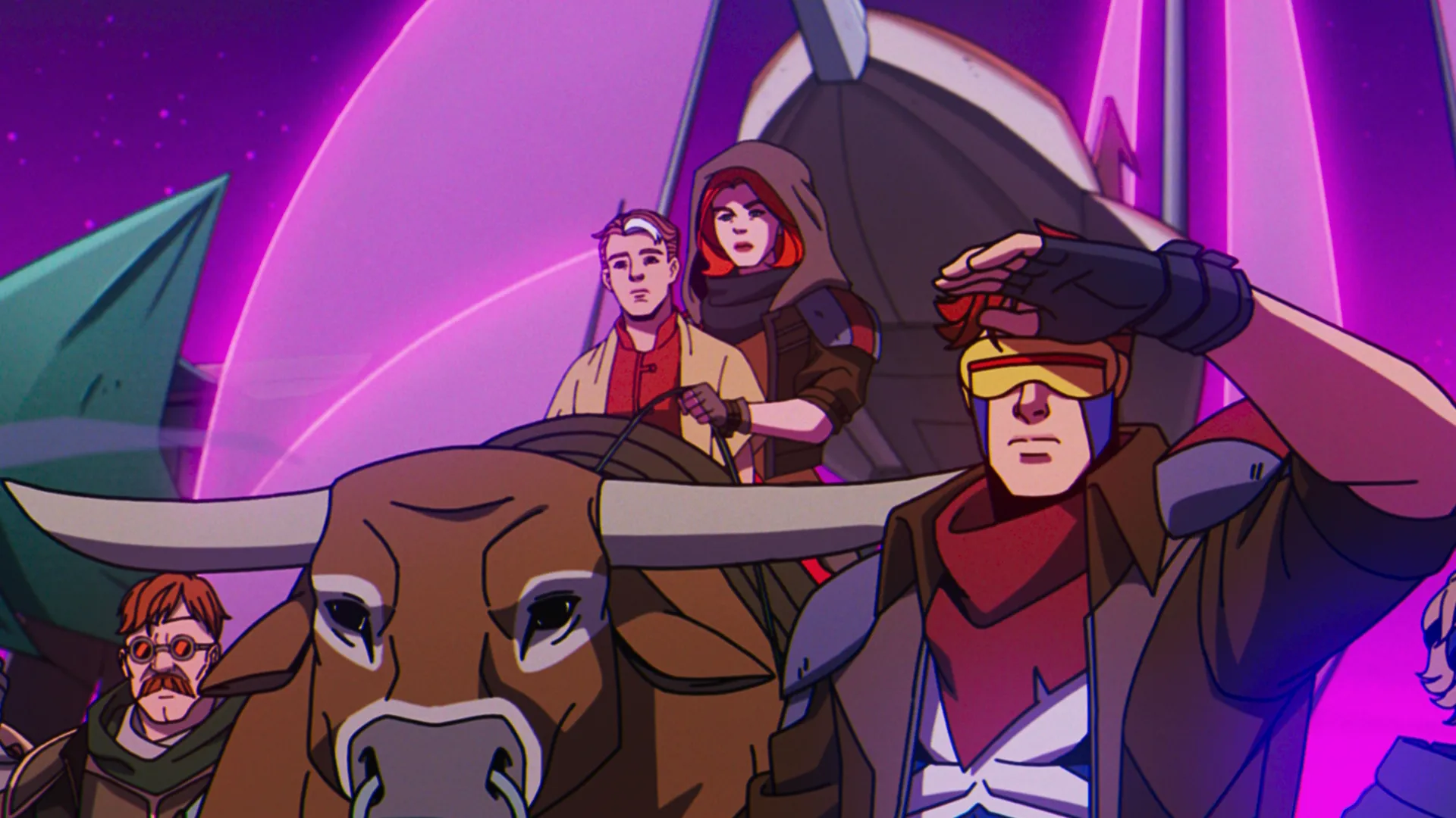 This image is from X-Men ’97, a Disney+ animated series and features Cyclops, Jean Grey, and others stranded in a time-travel plotline