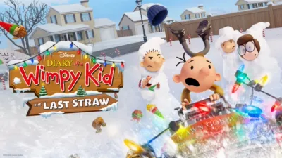 Poster for the movie. Greg is pulled along in the snow by an out-of-control 'Lawn Gobbler' as his family looks on.